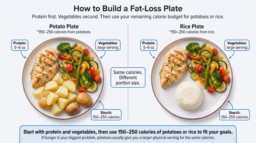 potatoes vs rice weight loss plate formula Two fat-loss dinner plates with chicken and vegetables, comparing a larger potato portion with a smaller rice portion for the same 150–250 calorie starch budget.