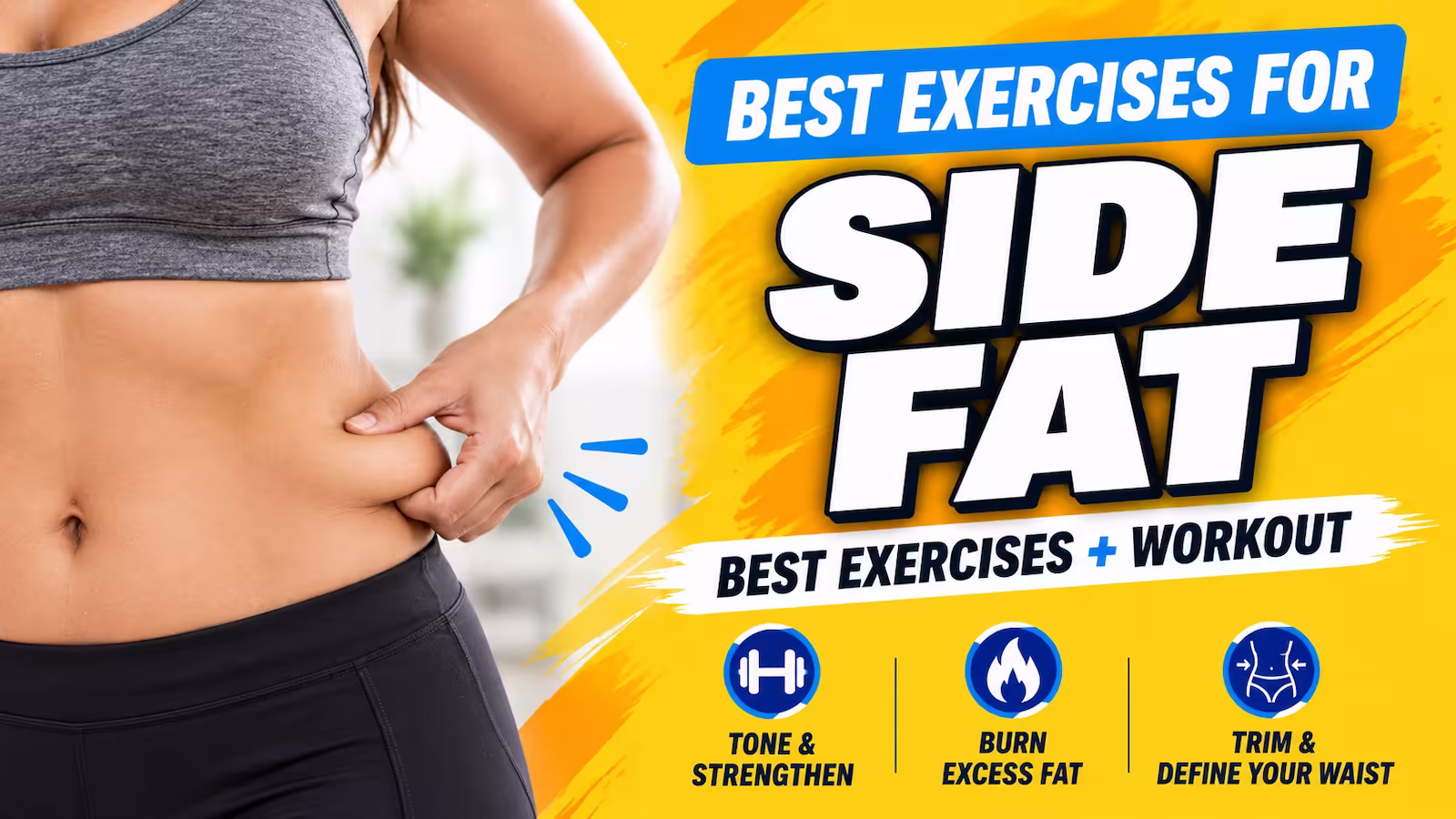 Woman in her 40s pinching side waist fat beside a demonstration of a standing core exercise, illustrating how to reduce side fat with overall fat loss and core training.