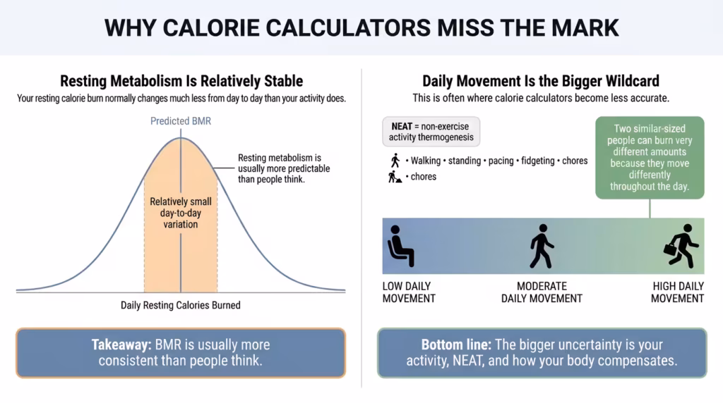 why calorie calculators differ bmr neat activity Infographic comparing relatively stable resting metabolism with the wider variation in calories burned through NEAT and daily activity.