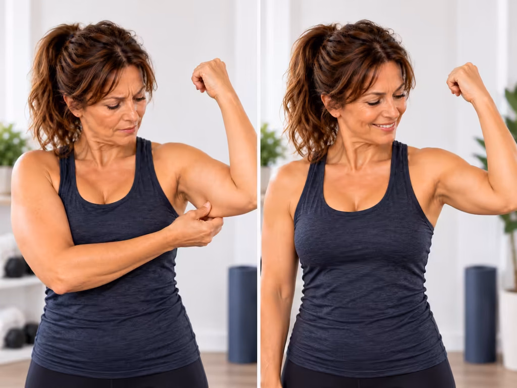 before and after of middle aged woman on the left side frustrated with her flabby arms while pinching them and on the right side she's happy with the toned arms