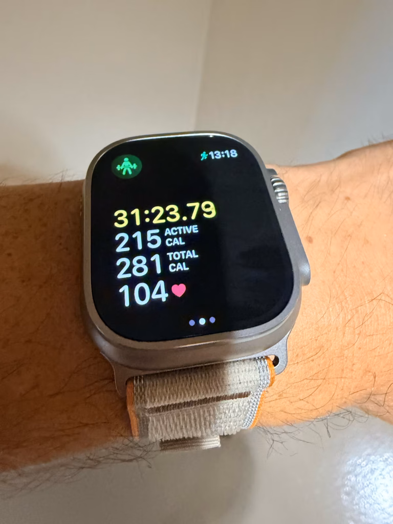 apple watch ultra4 post strength workout Ultra 4 workout screen near the end of strength training showing elapsed time, calories, and current heart rate