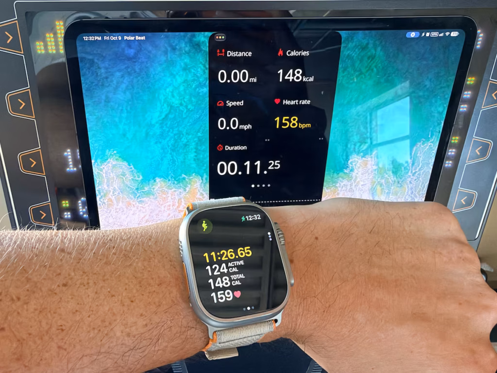 apple watch ultra4 vs polar app Apple Watch Ultra 4 showing 159 bpm beside Polar Beat showing 158 bpm during HIIT